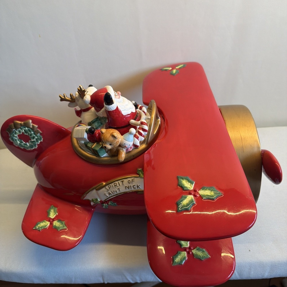 Spirit of Saint Nick Santa Reindeer Christmas Airplane Ceramic Cookie Jar Red